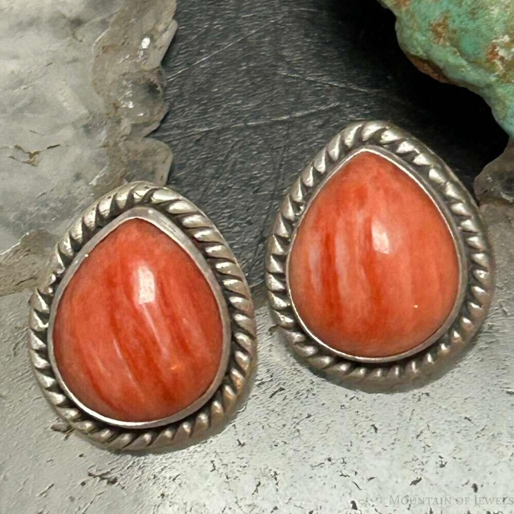 Sterling Southwestern Style Teardrop Orange Spiny Oyster Stud Earrings For Women